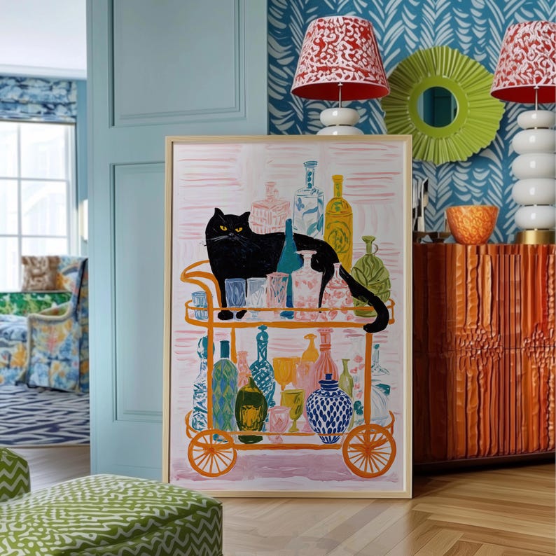 Black Cat Cocktail Bar Cart Art Print: Retro Kitchen Decor - Etsy