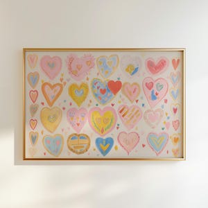 Arte de pared, póster de corazones, póster vintage, decoración cottagecore, regalo para novia, póster de amor, impresión de pared de los años 70, arte de pared rosa, decoración de dormitorio