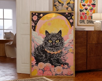 Psychedelic Black Cat Art Print: 70s Retro Home Decor