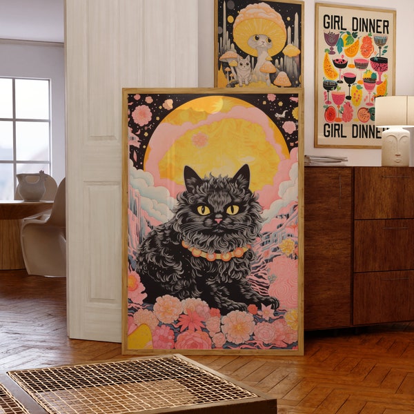 Art de chat psychédélique, décoration intérieure psychédélique rétro des années 70, art psychédélique, décor des années 70, art mural des années 70, impression hippie, impression de chat noir