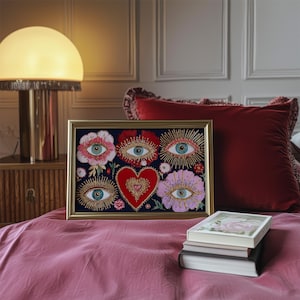 Mystical wall art featuring all-seeing eyes set in radiant flowers with golden rays, anchored by a glowing red heart. This visionary artwork merges mysticism, folk spirituality, and psychedelic symbolism, making it a perfect fit for a witchy boho room, meditation corner, or spiritual gift. Designed for lovers of esoteric beauty and third-eye awakening art.