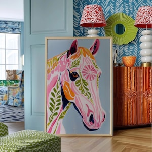 Wall Art, Floral Horse Poster, Pink Horse Print, Colorful Equestrian Decor, Preppy Farmhouse Art, Boho Animal Wall Art, Western Girl Room