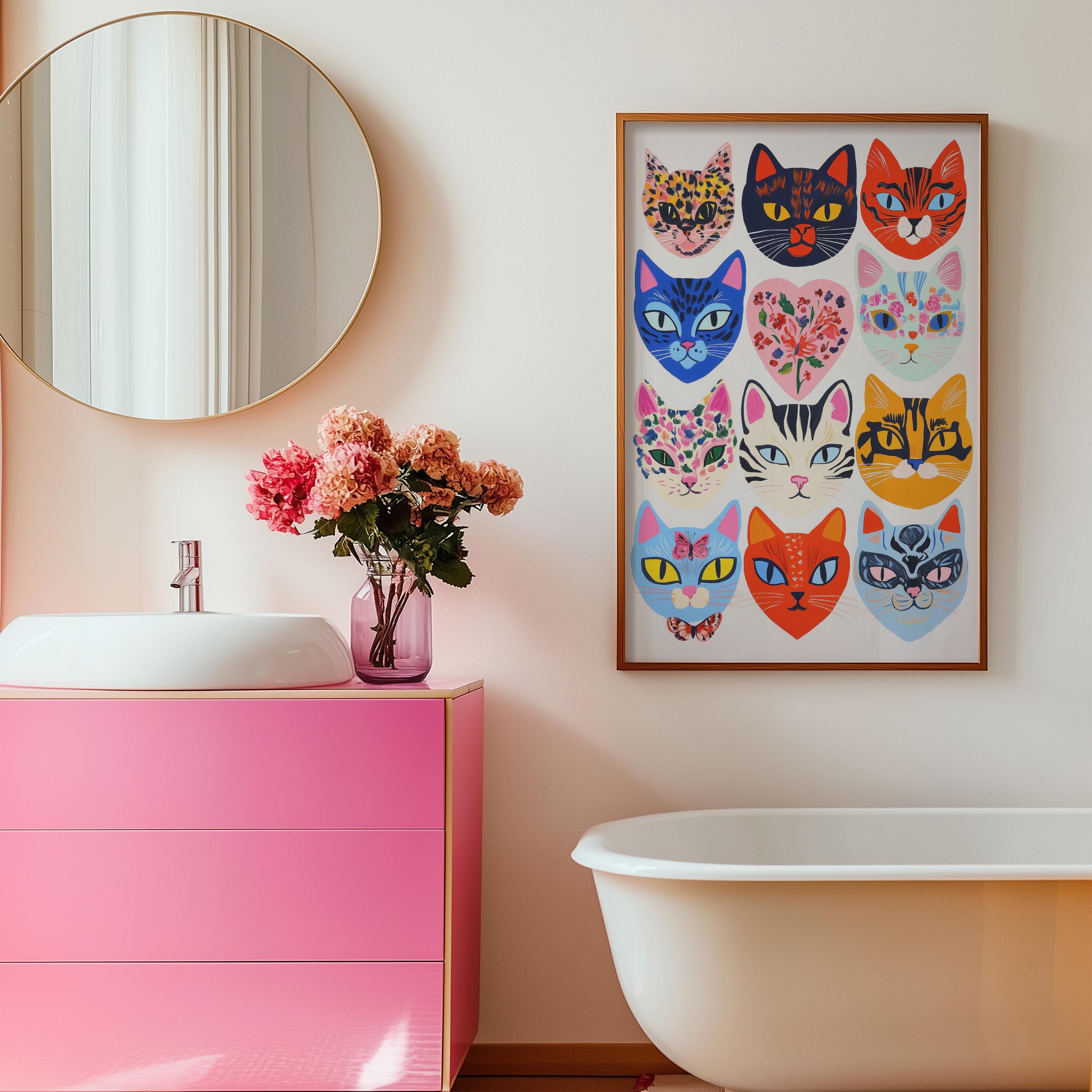 Eclectic Cat Faces Art Print: Colorful Maximalist Wall Decor - Etsy