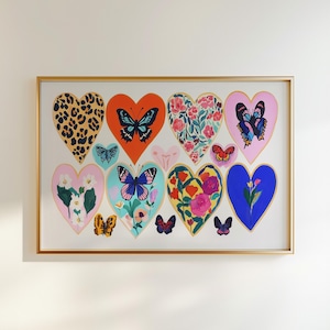 Wall Art, Colorful Heart Poster, Eclectic and Dopamine Bedroom Decor, Floral and Butterfly Prints, Girly Bedroom Artwork, Gift for Her