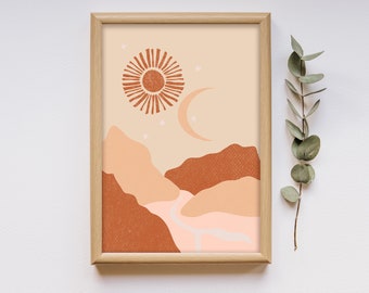 Boho Decor Burnt Orange Living Room Moon And Sun Print Terracotta Art Burnt Orange Wall Decor Boho Bedroom Decor