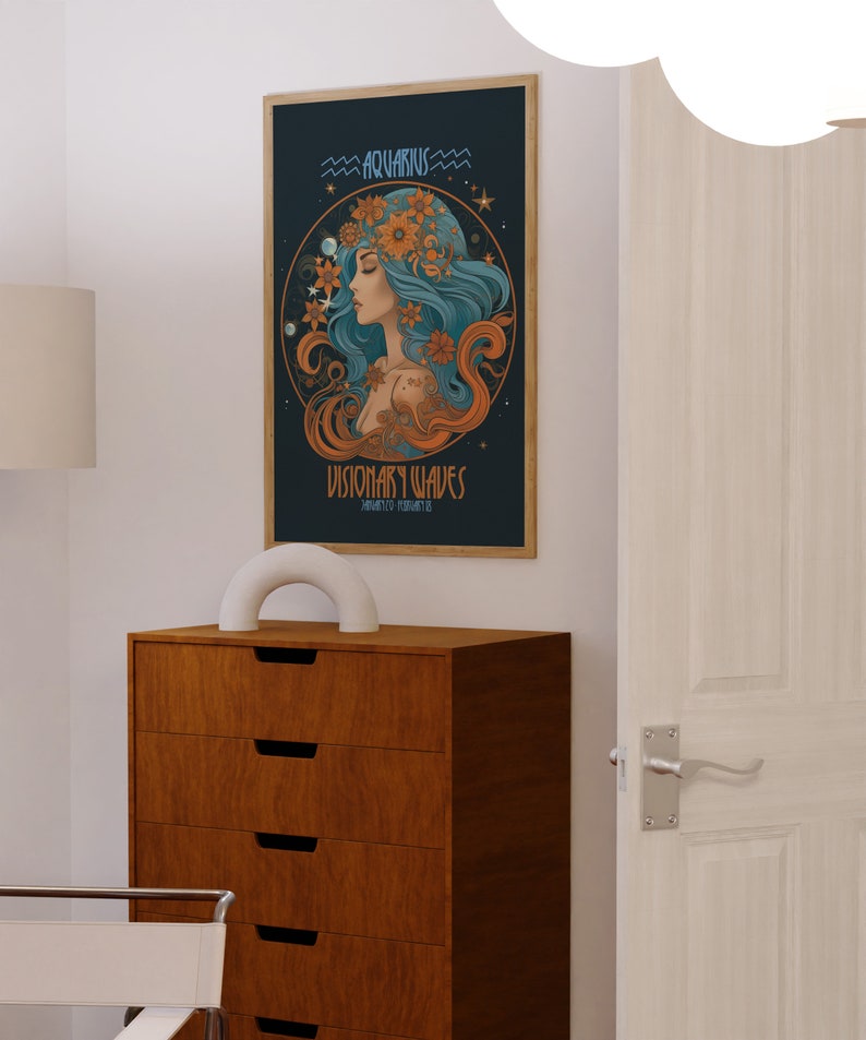 Aquarius Zodiac Poster, Art Nouveau Wall Art Print, 70s Decor for Home