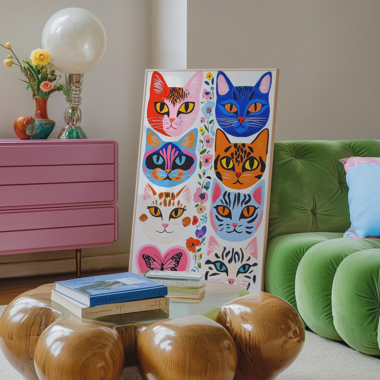 Eclectic Cat Portrait Print: Floral Butterfly Decor, Colorful Wall Art ...