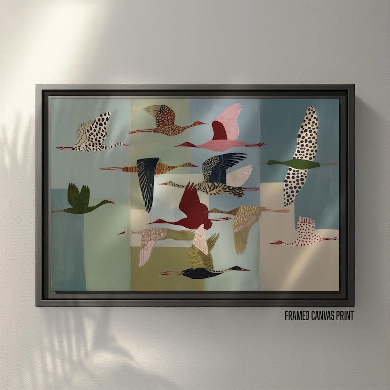 May include: A framed canvas print featuring a flock of birds in flight against a background of muted blue, green, and beige rectangular color blocks. The birds are depicted in various colors including red, pink, black, white, and spotted patterns.