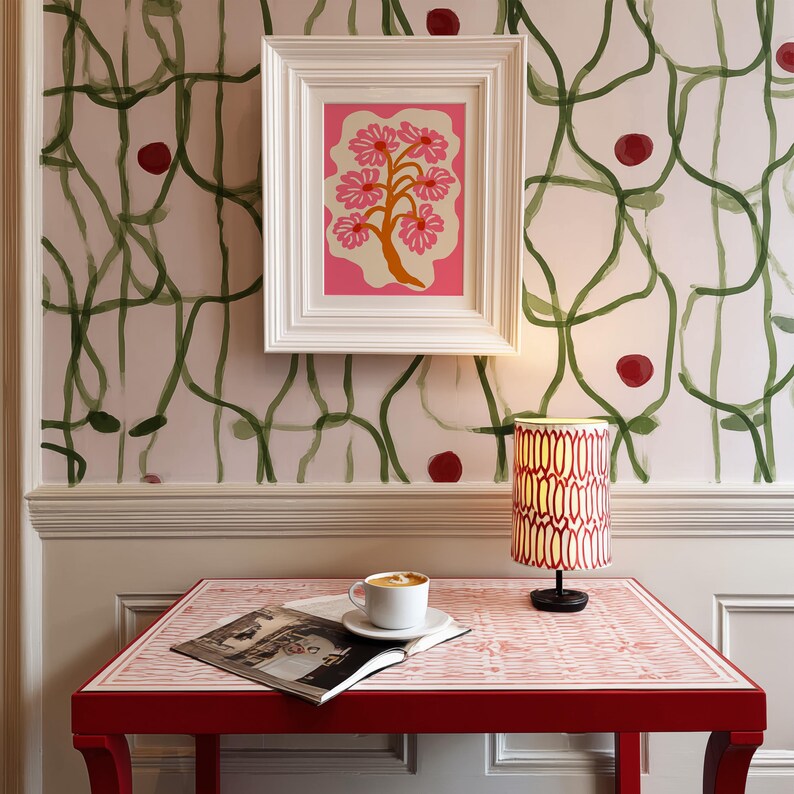 Flat-graphic illustration of a stylized orange tree trunk sprouting bright pink daisies on a cream blob shape against a vibrant pink background—cheerful, preppy and coquette-inspired.