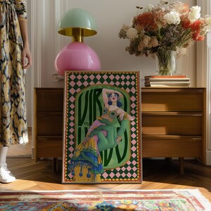 Virgo zodiac wall art featuring a dazzling, vintage-style showgirl held gracefully by a green hand, adorned in vibrant bejeweled fashion. Surrounded by bold “Virgo” lettering and a retro pink-and-green checkerboard frame, this mystical, feminine artwork is perfect for astrology lovers, coquette dorms, and magical bedroom spaces.