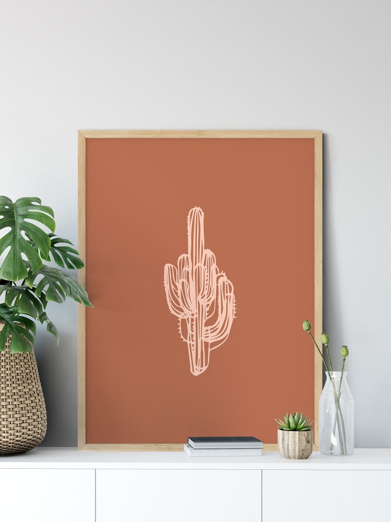 Burnt Orange Wall Decor Boho Bedroom Cactus Print Terracotta Art Living Room