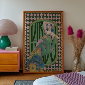 Virgo zodiac wall art featuring a dazzling, vintage-style showgirl held gracefully by a green hand, adorned in vibrant bejeweled fashion. Surrounded by bold “Virgo” lettering and a retro pink-and-green checkerboard frame, this mystical, feminine artwork is perfect for astrology lovers, coquette dorms, and magical bedroom spaces.