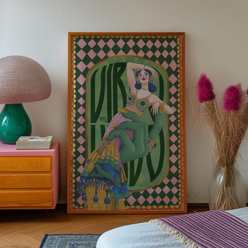 Virgo zodiac wall art featuring a dazzling, vintage-style showgirl held gracefully by a green hand, adorned in vibrant bejeweled fashion. Surrounded by bold “Virgo” lettering and a retro pink-and-green checkerboard frame, this mystical, feminine artwork is perfect for astrology lovers, coquette dorms, and magical bedroom spaces.