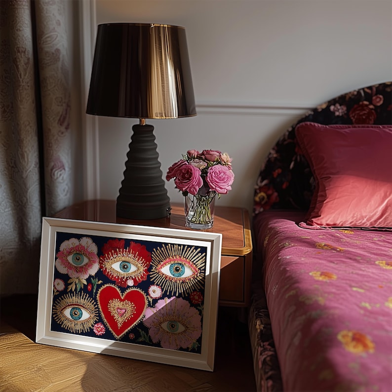 Mystical wall art featuring all-seeing eyes set in radiant flowers with golden rays, anchored by a glowing red heart. This visionary artwork merges mysticism, folk spirituality, and psychedelic symbolism, making it a perfect fit for a witchy boho room, meditation corner, or spiritual gift. Designed for lovers of esoteric beauty and third-eye awakening art.