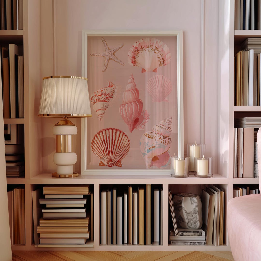 Wall Art, Seashell and Starfish Print, Pink Beach Decor, Coastal ...