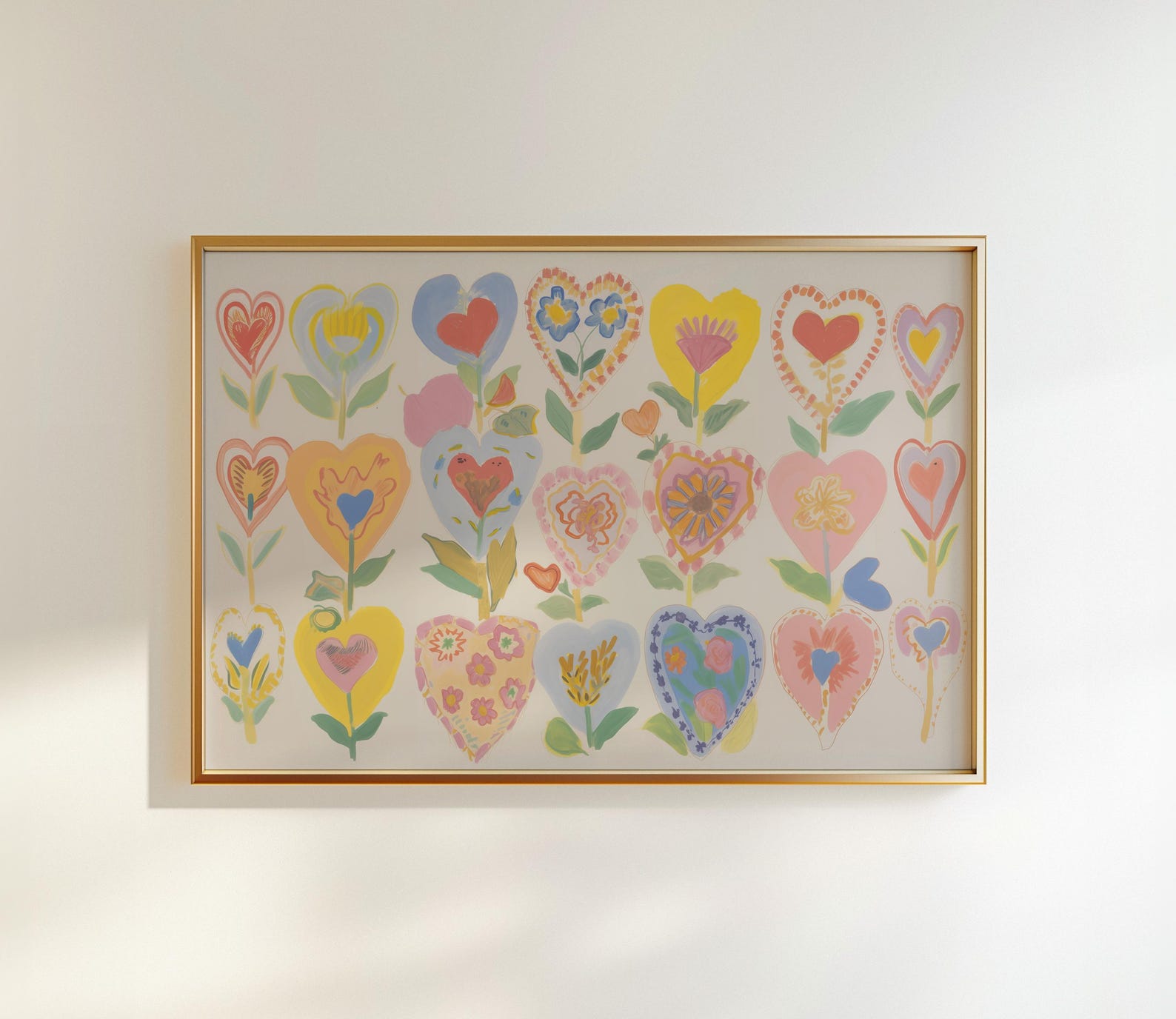 Floral Hearts Wall Art Print: Vintage Cottagecore Decor - 30″ x 20″ (Horizontal), Semi Glossy