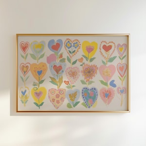 Arte de pared, póster de corazones, regalo para novia, póster de amor, póster vintage, decoración cottagecore, impresión de pared de los años 70, arte de pared rosa, decoración de dormitorio