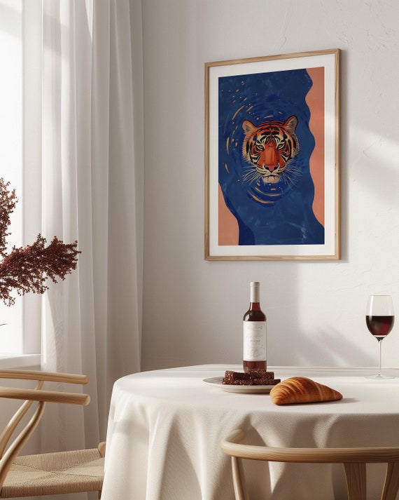Mid Century Tiger Poster: Navy Blue Retro Wall Art - Etsy