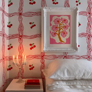 Flat-graphic illustration of a stylized orange tree trunk sprouting bright pink daisies on a cream blob shape against a vibrant pink background—cheerful, preppy and coquette-inspired.