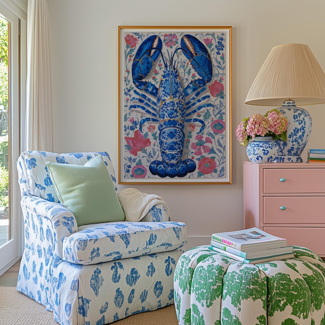 Lobster Wall Art Print: Blue Chinoiserie Coastal Decor - Etsy