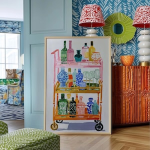 ウォールアート、ヴィンテージバーカートプリント、カラフルなカクテルアートワーク、折衷的なダイニングルームの装飾、グランドミレニアルキッチンアート、ミクソロジーイラスト
