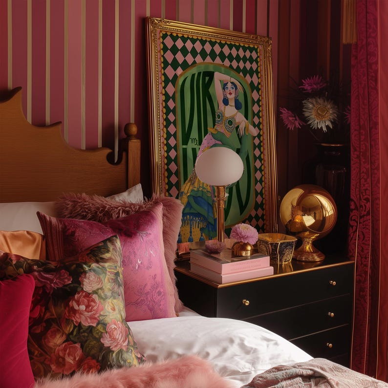 Virgo zodiac wall art featuring a dazzling, vintage-style showgirl held gracefully by a green hand, adorned in vibrant bejeweled fashion. Surrounded by bold “Virgo” lettering and a retro pink-and-green checkerboard frame, this mystical, feminine artwork is perfect for astrology lovers, coquette dorms, and magical bedroom spaces.