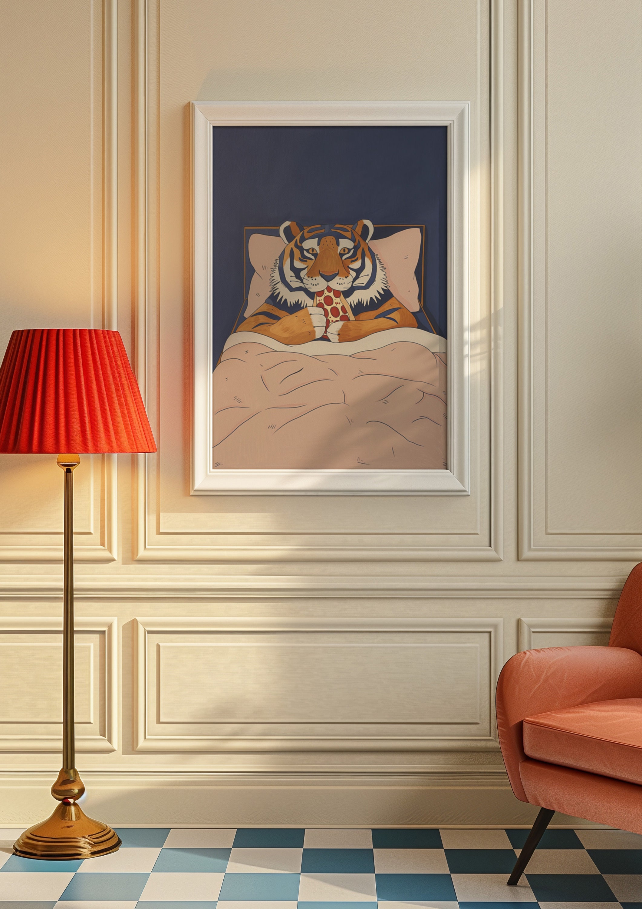 Tiger Eating Pizza Poster: Retro 70s Navy Blue Wall Art - Etsy