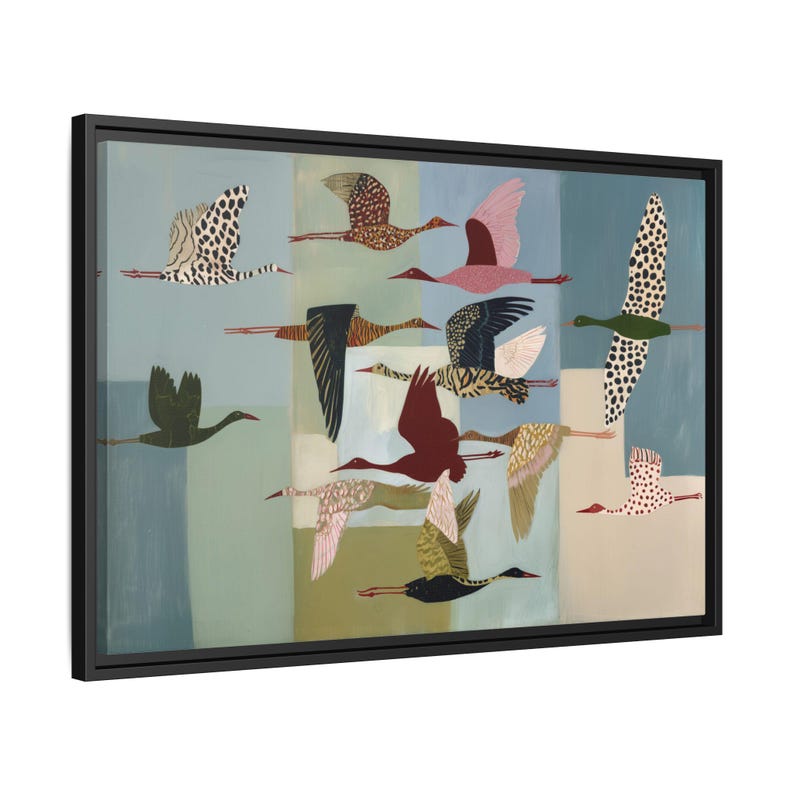 May include: A framed wall art print featuring a flock of birds in flight against a background of vertical rectangular panels in shades of blue, green, and cream. The birds are depicted in various colors and patterns, including polka dots and stripes.
