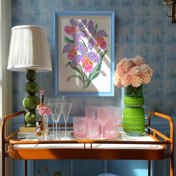 Pink & Blue Orchid Art Print: Botanical Flower Painting