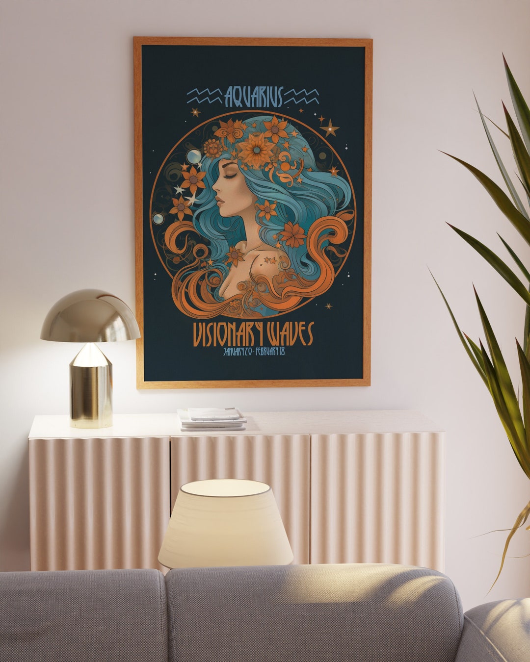 Aquarius Zodiac Poster, Art Nouveau Wall Art Print, 70s Decor for Home