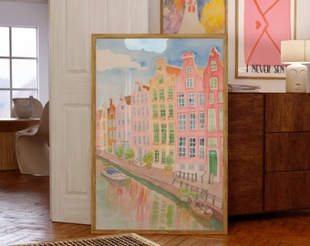 Impression d'Amsterdam, Pays-Bas, affiche d'Amsterdam, peinture d'Amsterdam, paysage urbain aquarelle, impression d'art aquarelle, Illustration des Pays-Bas