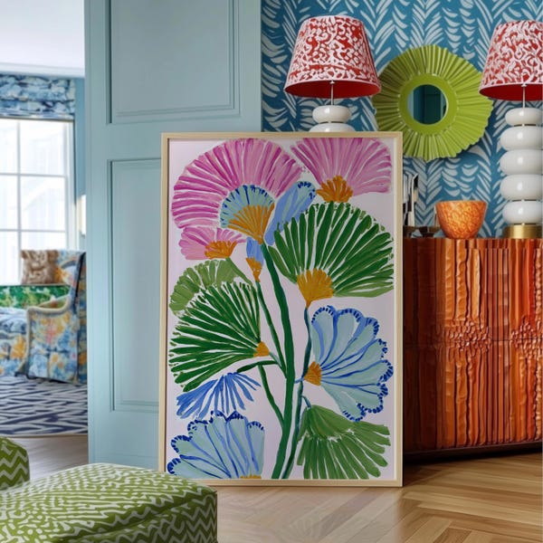 Colorful Palm Leaf Art Print: Whimsical Floral Wall Decor