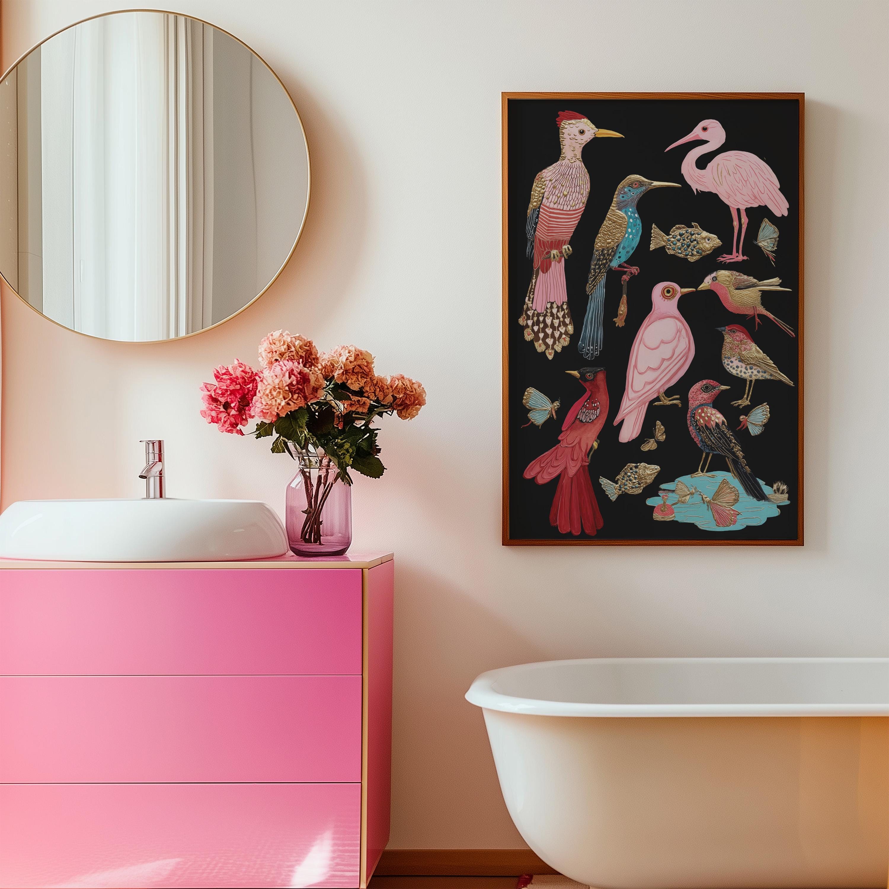 Wall Art, Whimsical Bird Print: Surreal Animal & Butterfly Illustration ...