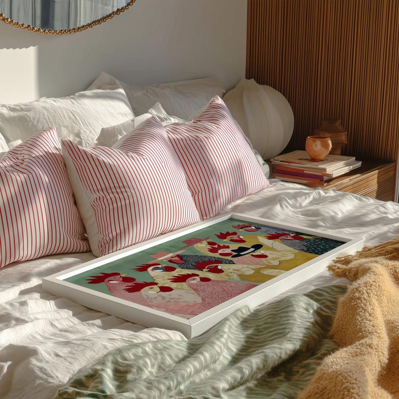 K&ouml;nnte beinhalten: Ein gerahmtes Kunstwerk mit einem bunten Hahn-Design liegt auf einem Bett mit wei&szlig;er Bettw&auml;sche und rot-wei&szlig; gestreiften Kissen. Das Kunstwerk befindet sich in einem wei&szlig;en Rahmen. Eine gelbe Decke und eine gr&uuml;n-wei&szlig; gemusterte Decke befinden sich ebenfalls auf dem Bett.