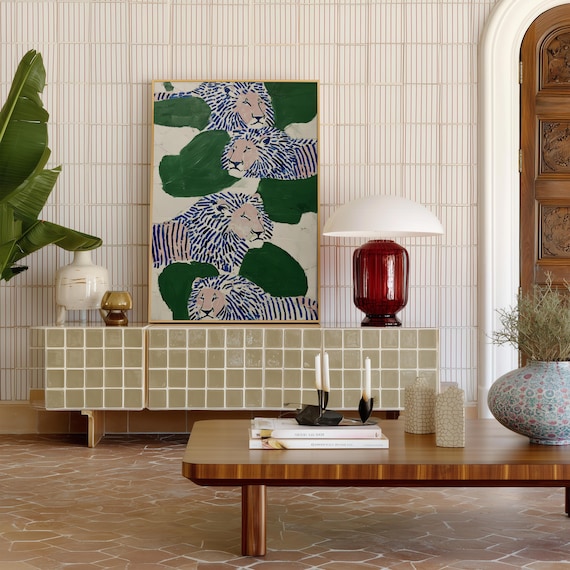 Abstract Lion Art Print: Japandi Style, Bold Blue & Green