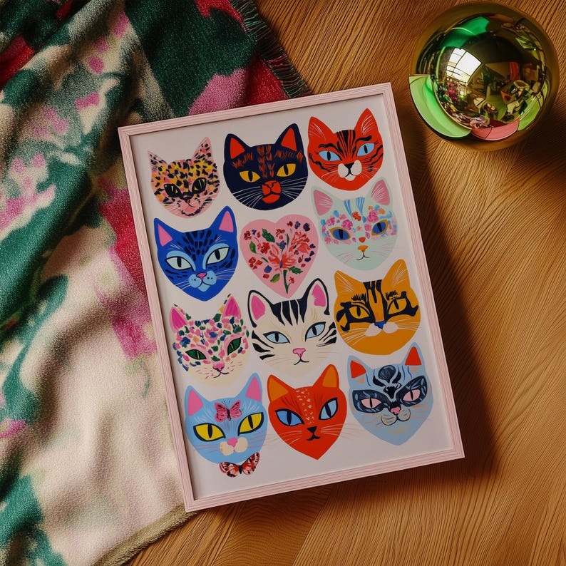 Eclectic Cat Faces Art Print: Colorful Maximalist Wall Decor - Etsy