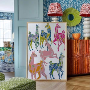 Wall Art Colorful Llama Print, Whimsical Floral Alpaca Poster, Dopamine Maximalist Kids Room Nursery Decor, Eclectic Living Room Wall Art