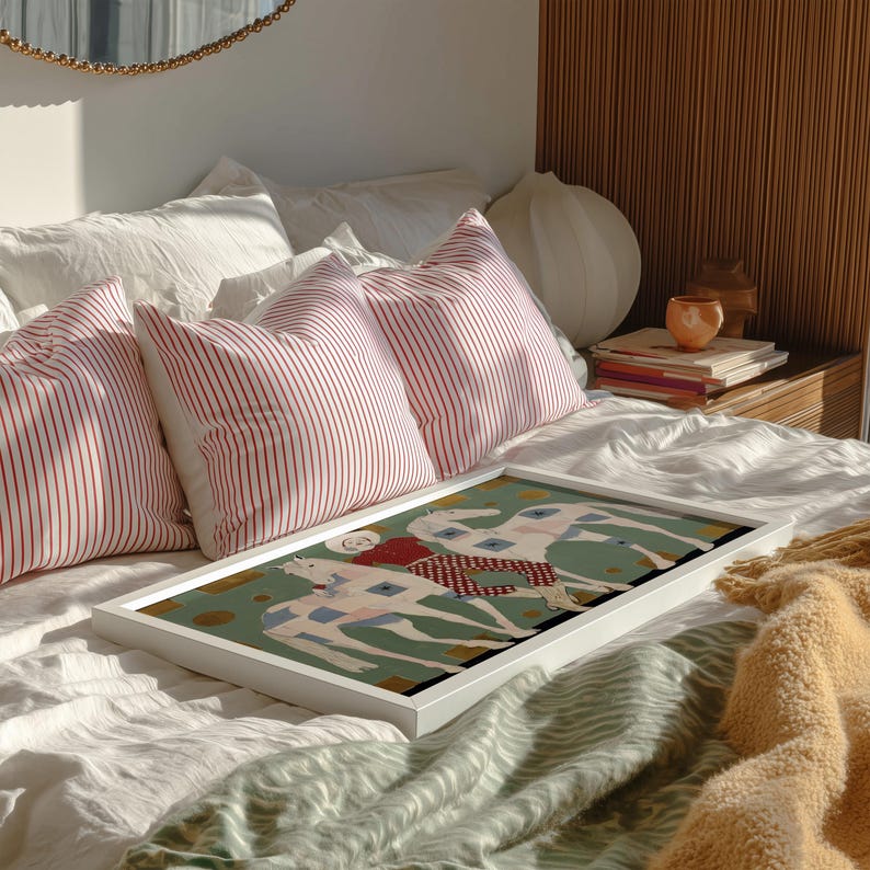 Modern western art print featuring a stylish cowgirl in a white hat and red polka dot outfit posed between two white patchwork horses. Soft sage green background with gold geometric accents and quilt-like horse patterns create a chic, editorial equestrian vibe. Perfect for contemporary western decor, ranch house interiors, cowgirl chic bedrooms, offices, and giftable horse lover wall art.