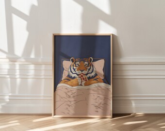 Tiger Eating Pizza Poster: Retro 70s Navy Blue Wall Art - Etsy