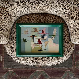 May include: A rectangular wall art piece featuring a collection of stylized birds in flight, rendered in various colors and patterns, enclosed within a glossy, deep green frame. The artwork displays multiple avian figures against a segmented background.