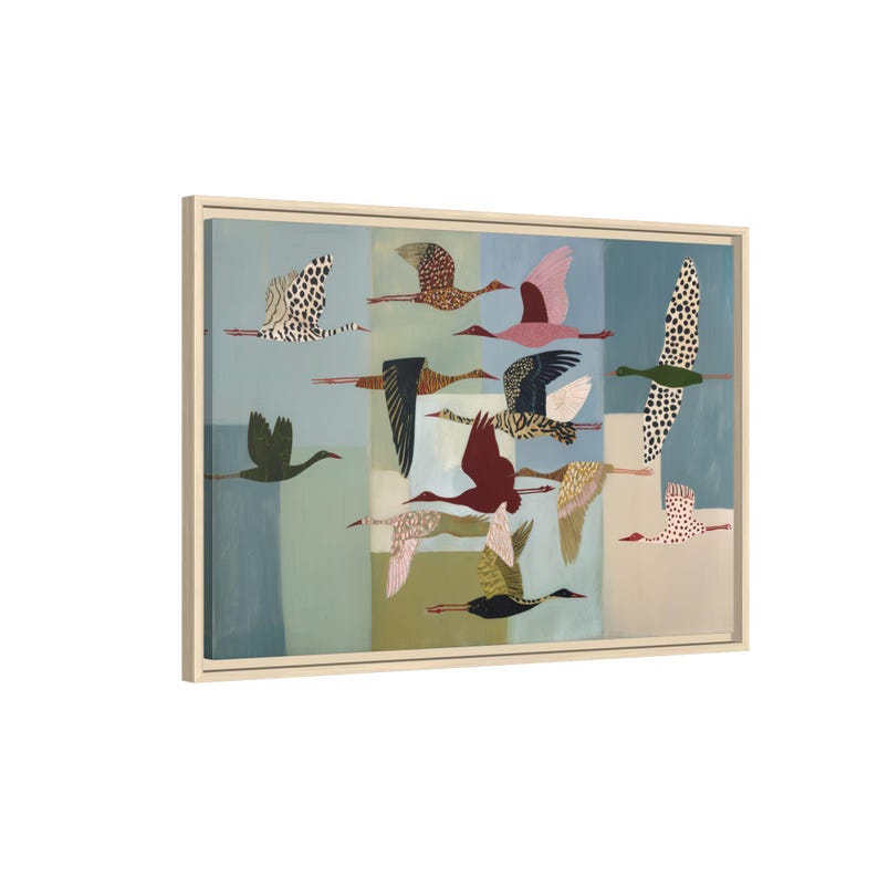 May include: A rectangular framed wall art piece featuring a flock of birds in flight against a background of vertical panels in shades of blue, green, and cream. The birds are depicted in various colors and patterns, including polka dots and stripes.