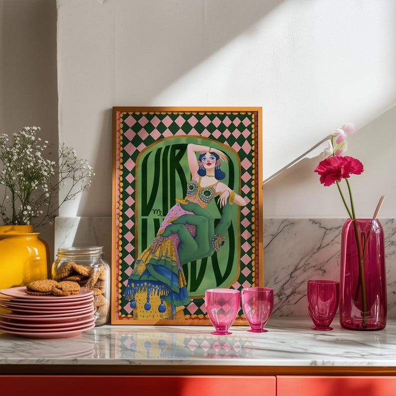 Virgo zodiac wall art featuring a dazzling, vintage-style showgirl held gracefully by a green hand, adorned in vibrant bejeweled fashion. Surrounded by bold “Virgo” lettering and a retro pink-and-green checkerboard frame, this mystical, feminine artwork is perfect for astrology lovers, coquette dorms, and magical bedroom spaces.