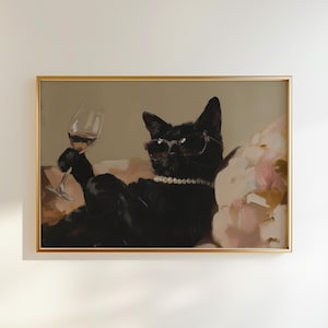 Arte murale, stampa di un gatto glamour con vino, arte estetica divertente di un gatto nero, decorazione per carrello bar, arte murale chic di un gattino per cucina, camera da letto o bar di casa