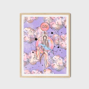 May include: A digital illustration of an astrological sign, Aquarius, with a woman in a flowing gown standing in the center of a circle of stars and clouds. The background is a purple gradient with pink and orange clouds.