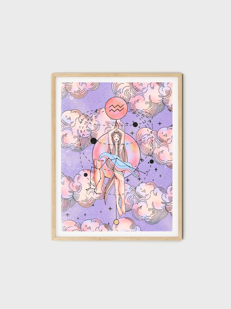 May include: A digital illustration of an astrological sign, Aquarius, with a woman in a flowing gown standing in the center of a circle of stars and clouds. The background is a purple gradient with pink and orange clouds.
