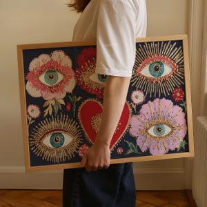 Mystical wall art featuring all-seeing eyes set in radiant flowers with golden rays, anchored by a glowing red heart. This visionary artwork merges mysticism, folk spirituality, and psychedelic symbolism, making it a perfect fit for a witchy boho room, meditation corner, or spiritual gift. Designed for lovers of esoteric beauty and third-eye awakening art.