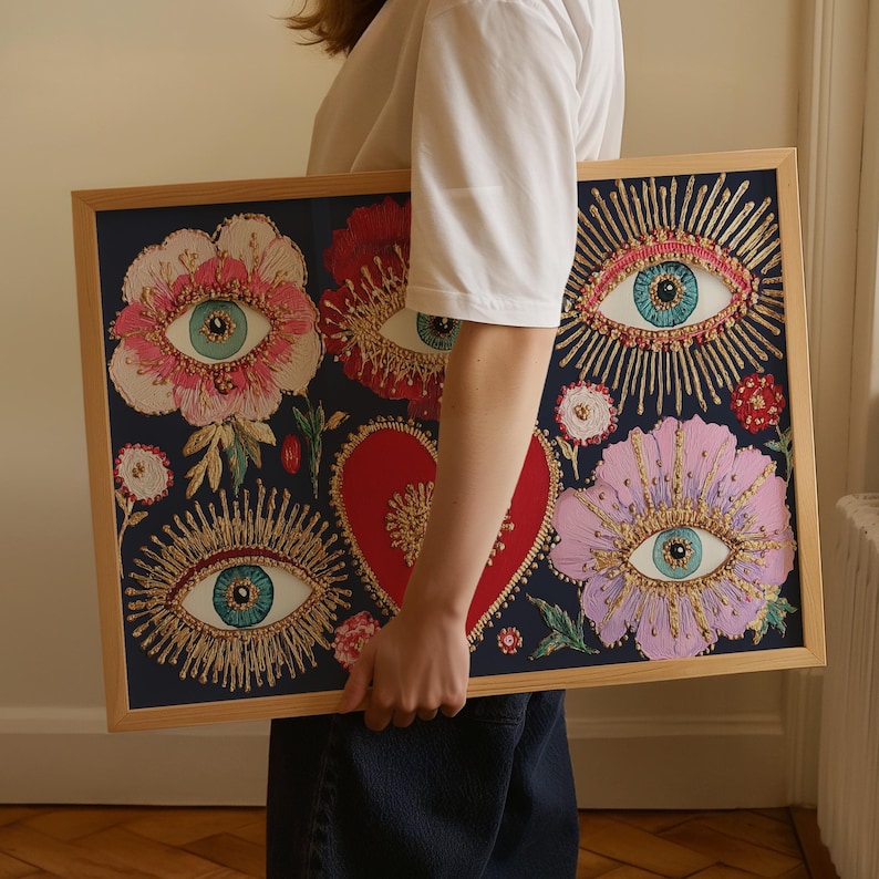 Mystical wall art featuring all-seeing eyes set in radiant flowers with golden rays, anchored by a glowing red heart. This visionary artwork merges mysticism, folk spirituality, and psychedelic symbolism, making it a perfect fit for a witchy boho room, meditation corner, or spiritual gift. Designed for lovers of esoteric beauty and third-eye awakening art.