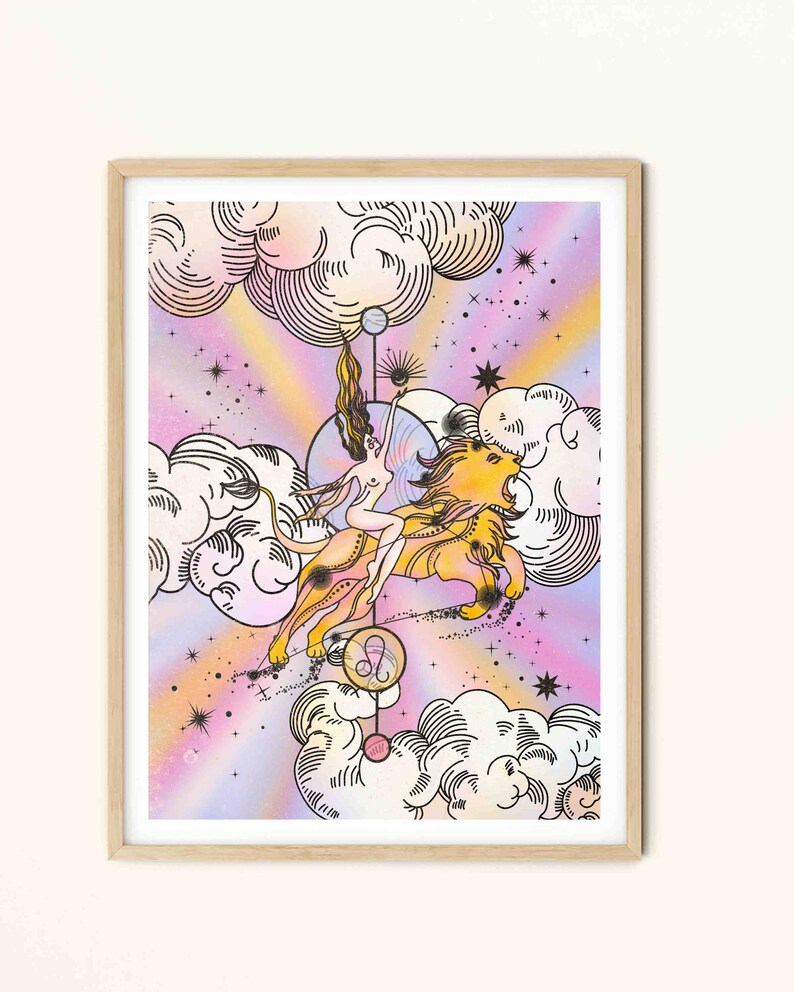 May include: A colorful illustration of a woman riding a lion with a pink, purple, and yellow background. The woman is wearing a crown and the lion has a mane. The illustration is surrounded by clouds and stars. The zodiac symbol for Leo is in the center of the image.