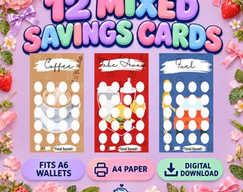 May include: A set of 12 mixed savings cards featuring three vertical designs labeled Coffee, Take Away, and Fuel. Each card includes a grid of white circles for tracking progress. The cards are designed to fit A6 wallets and are formatted for A4 paper.