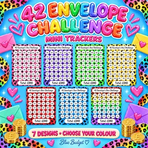 May include: A set of seven 42 Envelope Challenge mini trackers with leopard print backgrounds in various colours. Each tracker features a grid of circles labelled 20 and a total of £840. The text 42 ENVELOPE CHALLENGE MINI TRACKERS is at the top.